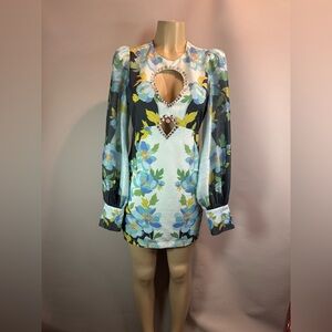 L’atiste By Amy Mint Floral Keyhole Neckline Mini Dress Long Puff Sleeve Medium